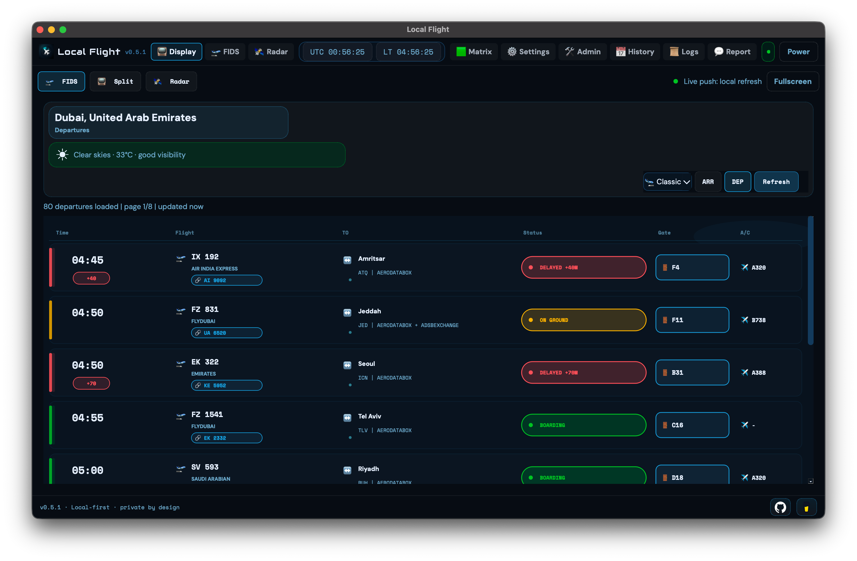 Local Flight departures board in the desktop application