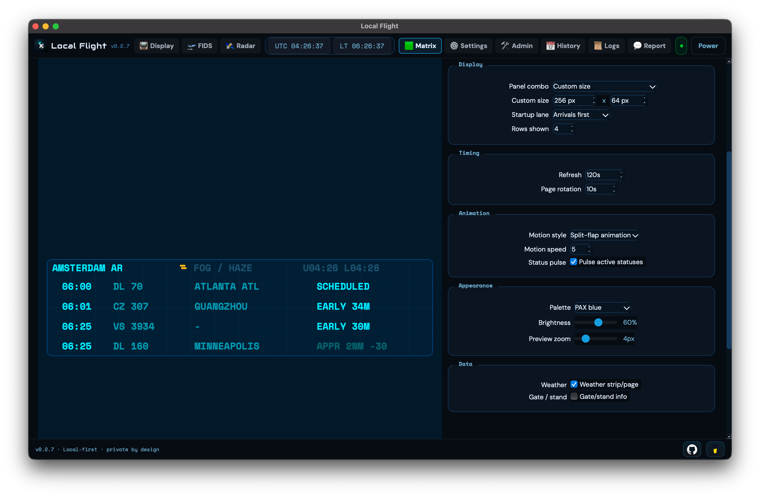 Local Flight LED matrix configuration and preview