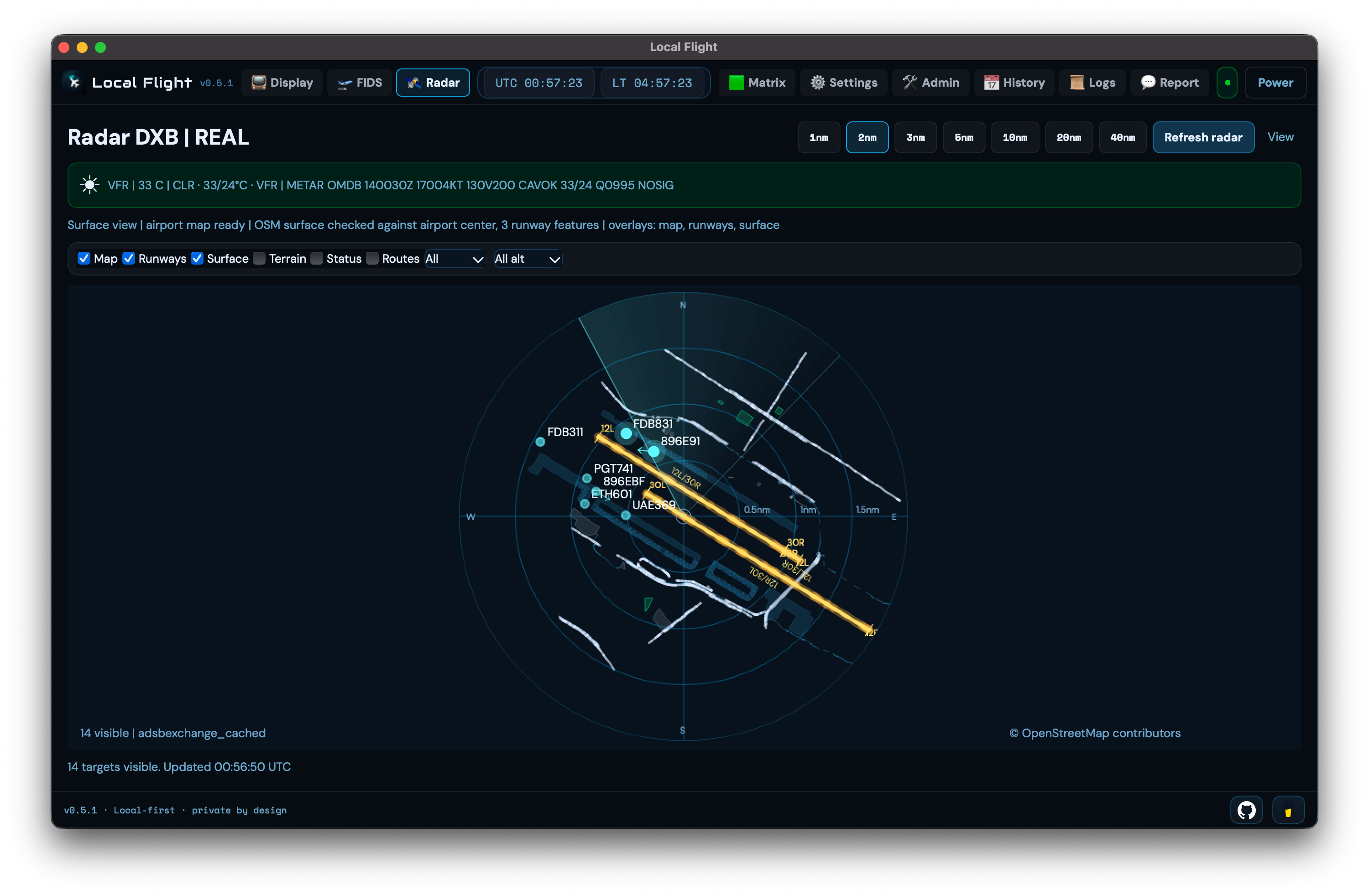 Local Flight radar with nearby aircraft, runway, and airport ground context